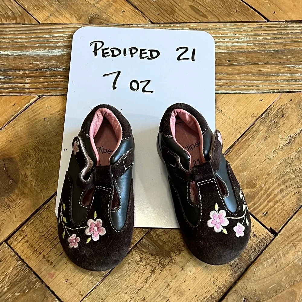Pediped Brown Leather Suede Floral Embroidered Toddler Shoes Size US‎ 5 EU 21